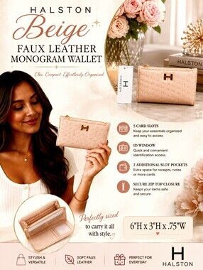 H By Halston Beige Faux Leather Monogram Wallet NWT